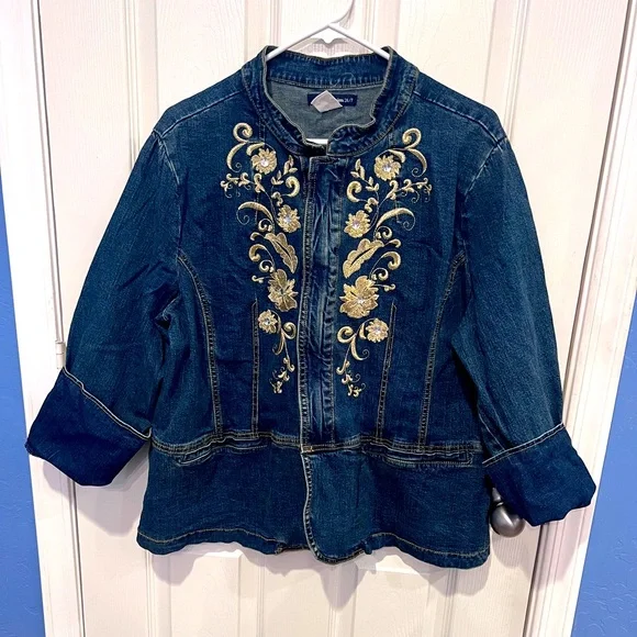 Denim jean Jacket mandarin collar countrycore western cowgirl embroidered peplum - Picture 2 of 10